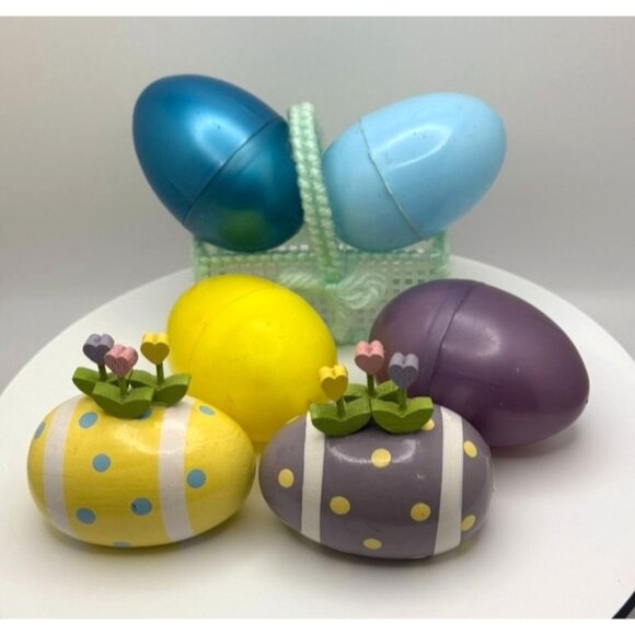 VTG Easter Decorative Eggs Dept 56 & Woven Basket Multicolor Plastic & Wood Spri - Picture 4 of 4